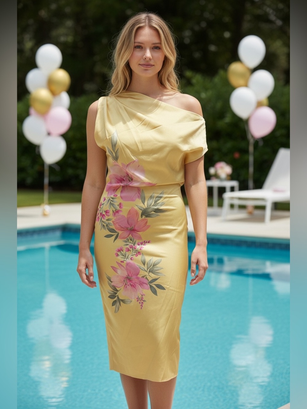 NWT Belle Badgley Mischka Sz 8 Brooklyn Dress Pale Yellow Floral One-Shoulder